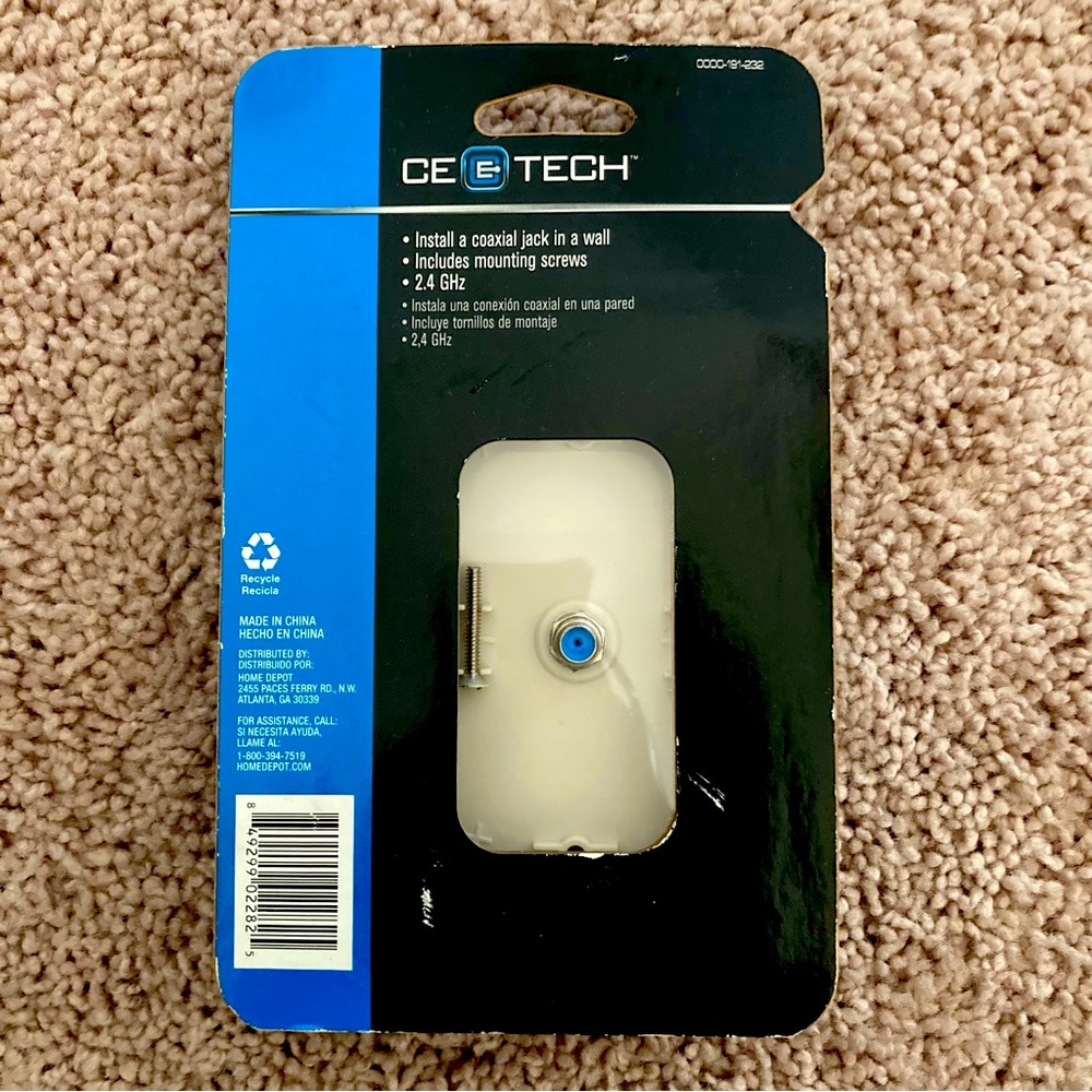 CE TECH Single Coaxial Wall Plate, White, Includes Mounting Screws, 2.4 GHz, NIB